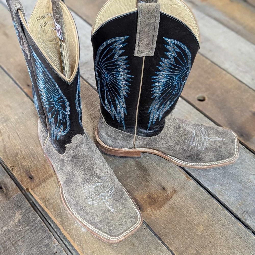 Anderson Bean Black and Gray Cowboy Boots with Blue Embroidery